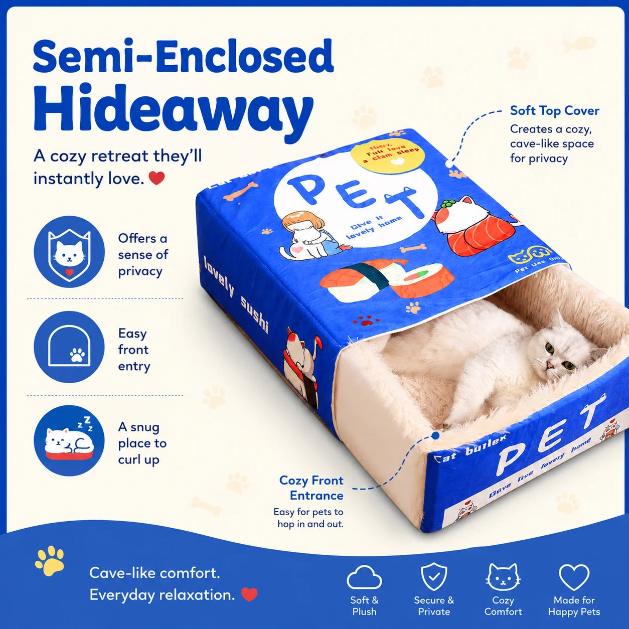 Semi-Enclosed Cute Cozy Cat Bed